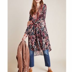 Anthropologie Black Floral Tunic Blouse with Pink and Cream Accents
